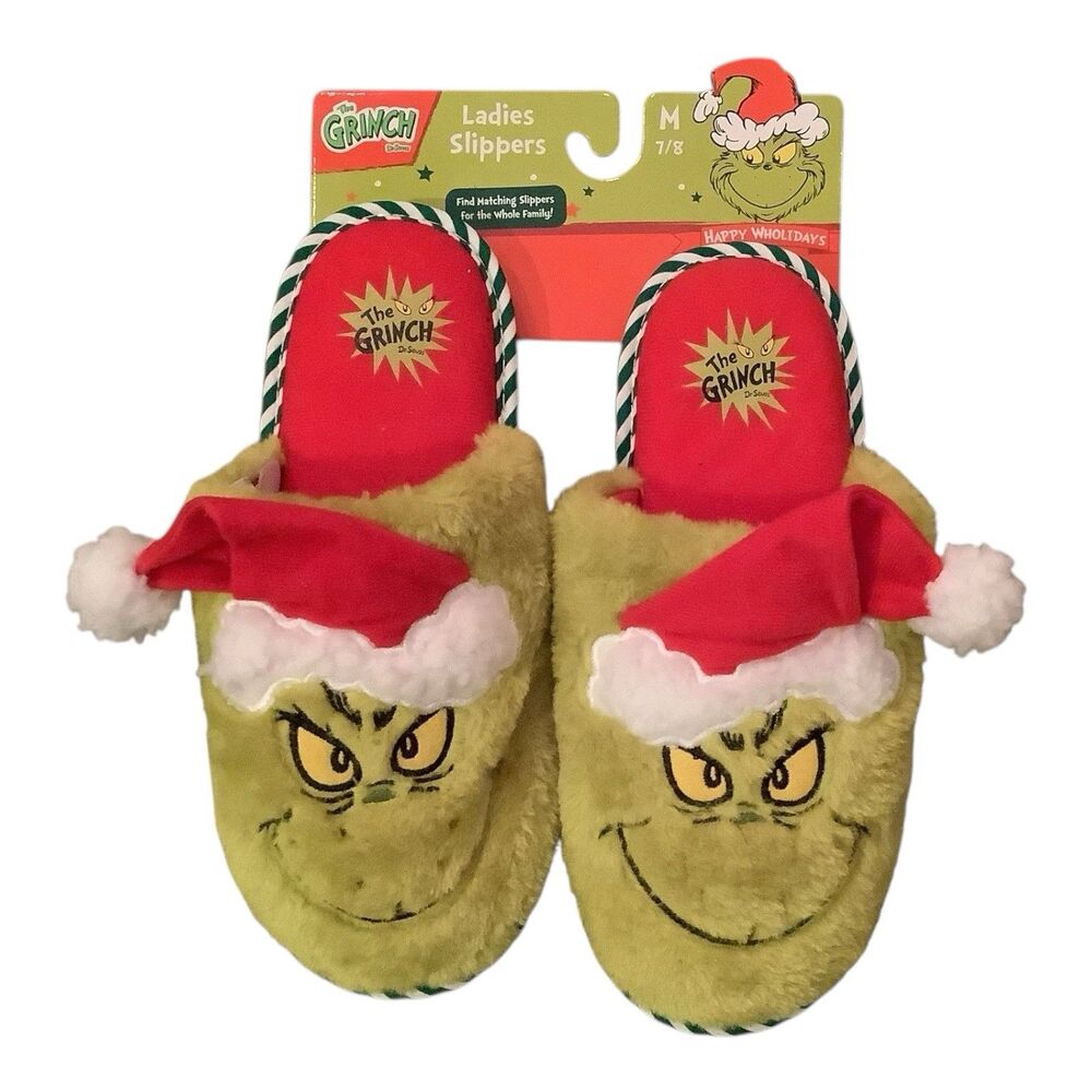 Grinch Ladies Slippers Grinch With Santa Hat Size M 7/8 New